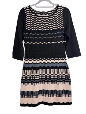 Nine West Chevron Zigzag Knit Sweater Dress Black Blush 3/4 Sleeve Women's M